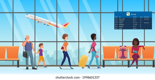 People passengers in international departure airport terminal interior vector illustration. Cartoon family tourist characters walking, talking by phone, waiting and sitting in chairs background