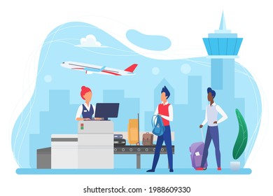 People passengers and luggage conveyor belt machine in airport vector illustration. Cartoon tourist characters with suitcases passing control on bags check security inspection isolated on white