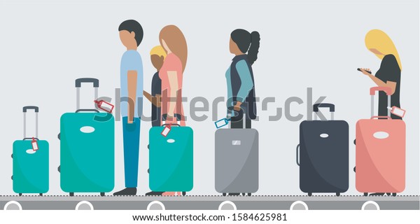 people & passengers on moving\
walkway in terminal airport isolated flat design. tourist &\
tourism cartoon. wemen & men waiting for flight cover page.\
holiday vacation. baggage, luggage suitcase\
vector