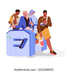 People passengers passing turnstile with electronic automatic access. Citizens crowd going through tourniquet, stile barrier, security control. Flat vector illustration isolated on white background.
