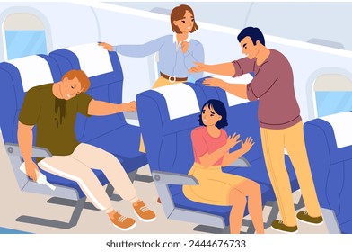 People passengers quarrelling due to drunk man while traveling in economy class of airplane vector illustration. Unlucky experience of flight concept