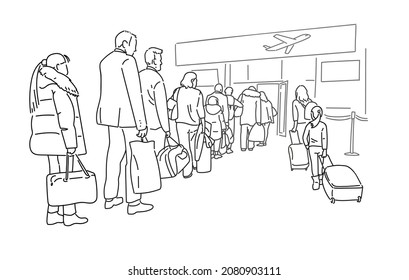 People passengers at queue to airport entrance thin line vector illustration