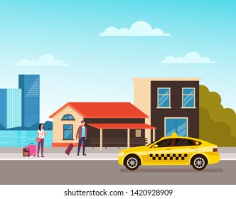 People passengers waiting taxi. Online transportation concept. Vector flat graphic design cartoon illustration