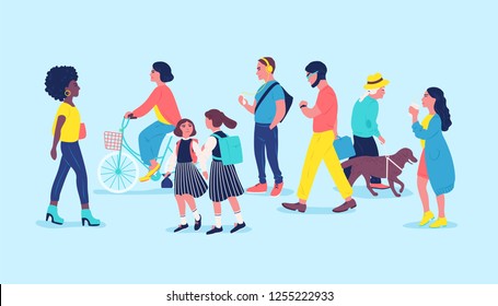 People or passersby on street. Men, women and children passing by, walking, riding bike, listen to music. Modern city dwellers, urban lifestyle. Colored vector illustration in flat cartoon style.