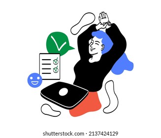 People passing online test. Girl stretches in front of closed laptop, successfully passing examination. Distance learning, homework and knowledge assessment. Cartoon flat vector illustration