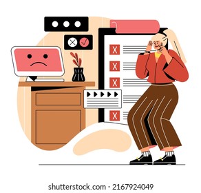 People passing online test. Girl at computer looking for answers to questions. Distance education, questionnaires and exams. Checking knowledge of young specialist. Cartoon flat vector illustration