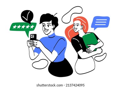 People passing online test. Guy shows results of exam to friends, feedback and assessment of knowledge. Modern technologies, digital world and online courses. Cartoon flat vector illustration