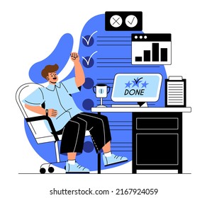 People passing online test. Guy rejoices at results of examination. Distance learning, success and talented pupil or student. Winner and hardworking student. Cartoon flat vector illustration