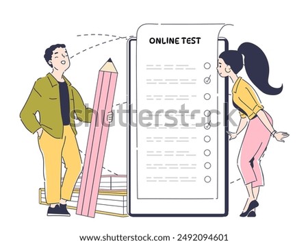 People passing online test. Man and woman with pencil near notepad answer questions. Education and learning, training. Distant examination. Linear vector illustration isolated on white background