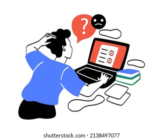 People passing online test. Young guy standing in front of monitor. Tasks for assessment of buildings. Modern technologies and distance examination, question. Cartoon flat vector illustration