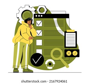 People passing online test. Young girl takes examination on Internet, chooses correct answers. Questionnaire and survey. Lessons, learning and distance education. Cartoon flat vector illustration