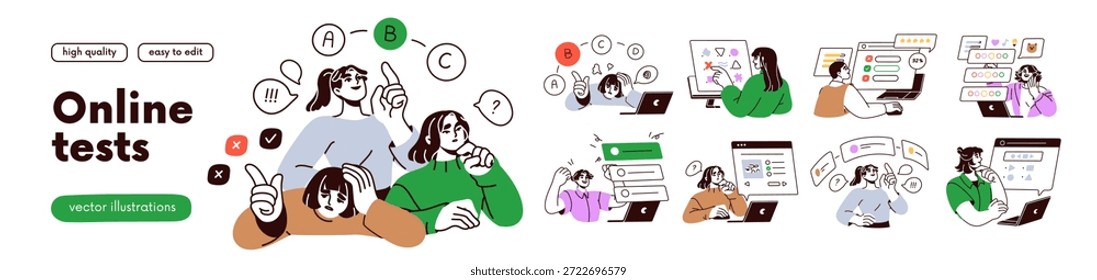 Conjunto de Personas que pasan pruebas en línea. La elección de respuestas correctas e incorrectas a las preguntas en la pantalla del ordenador portátil, monitor de ordenador. Estudiantes en examen a distancia. Ilustración vectorial plana aislada sobre fondo blanco
