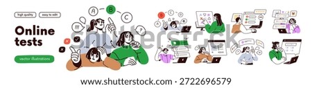People passing online tests set. Choosing right and wrong answers to questions on laptop screen, computer monitor. Students at remote examination. Flat vector illustration isolated on white background
