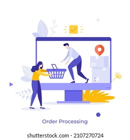 People passing shopping basket on computer screen. Concept of online order processing, web retail service, purchase in Internet store. Modern flat colorful vector illustration for poster, banner.