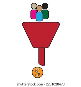 People passing through a funnel become money - A concept of customer lead generation for revenue . Marketing illustration - icon , vector 