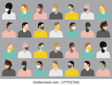 People in pastel colours wearing face masks on a grey background