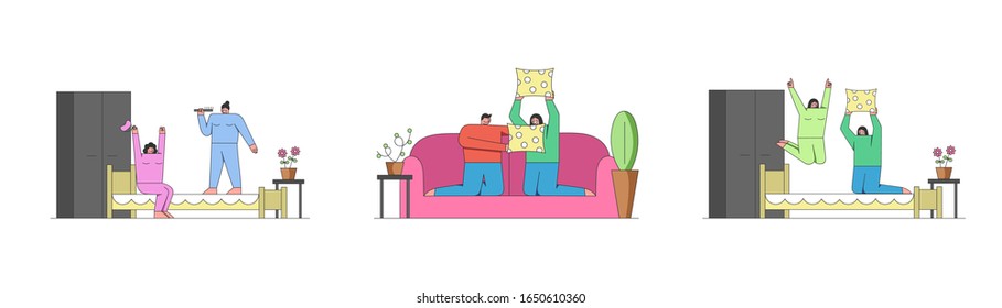 People Pastimes Concept. People Are Spending Time At Home. Young Couple Is Having Pillow Battle On the Sofa and Girls Are Having Pajamas Party. Set Of Cartoon Outline Linear Flat Vector Illustration.