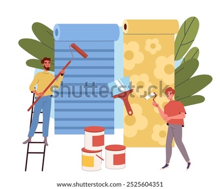People pasting wallpaper. Men with roller blades and ladder gluing wallpaper in apartment. Renovation and repair, construction. Flat vector illustration isolated on white background