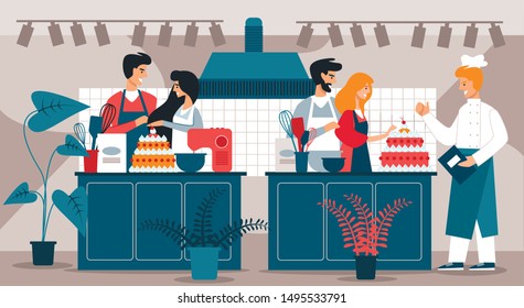 People in Pastry Shop Prepare Cake. Hobby Cooking. Vector Illustration. Development and Hobby. Group Classes. Modern Hobby. Use Time Wisely. Cooking Course. Two Couples and Cook. Kitchen Appliances.