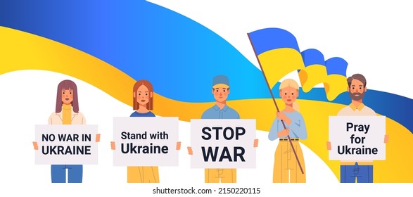 people patriots with Ukrainian flag and banners pray for Ukraine peace save Ukraine from russia stop war concept