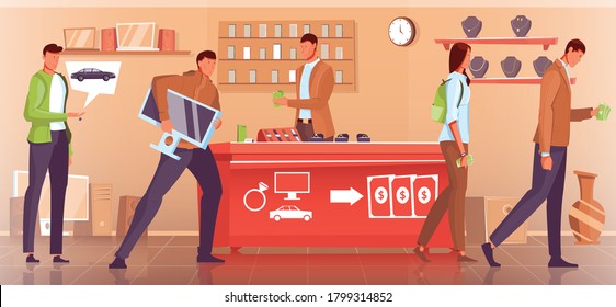 People pawn cars gadget jewelry at pawnshop flat vector illustration