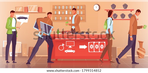 People pawn cars gadget jewelry at pawnshop\
flat vector\
illustration