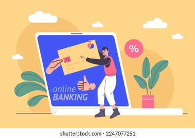 People pay bills mobile banking app. Man uses online bank account. Remotely payments for purchases. Laptop and guy with credit card. Financial transfer. Internet shopping