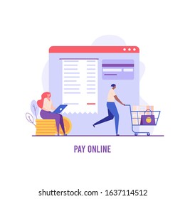 People pay or buy online using phone. Users use secure online payment. Concept of mobile payment, online shopping, credit card, NFC. Vector illustration for UI, web banner, mobile app