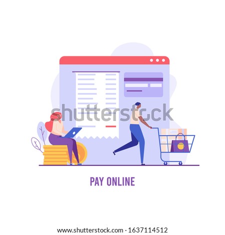 People pay or buy online using phone. Users use secure online payment. Concept of mobile payment, online shopping, credit card, NFC. Vector illustration for UI, web banner, mobile app