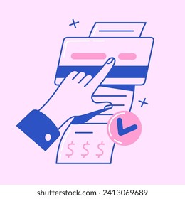 People pay check, bill with bank plastic card. Success contactless wireless cashless payment. Customers purchase, buy, transfer money using virtual account. Flat isolated lineart vector illustration