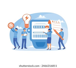 People pay electricity bills. Technician repair, meter installation, energy saving. Utility bills concept. Flat vector illustration.