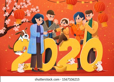 People pay a new year visit and kid gets red envelops during spring festival illustration, red background with hanging lanterns and cherry blossom