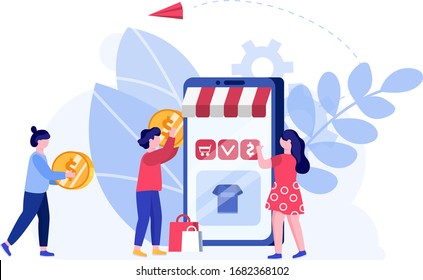 People pay online in internet, store and mart concept and vector illustration on white background. Modern way to purchase in shop. Male and female characters with gold coins. Flat style.