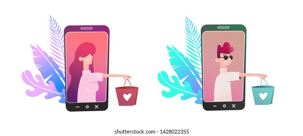 People pay online in the online store. Online store on the smartphone screen. Man and woman hold bag shopping isolated vector illustration