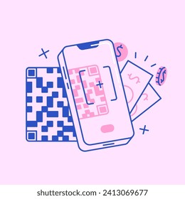 People pay with qr code. Contactless cashless payment in banking smartphone app. Person using phone camera to scan qrcode. Electronic money transfer service. Flat isolated lineart vector illustration