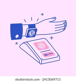 People pay with smart watch using POS terminal. Contactless cashless payment with nfc technology. Money transfer with electronic hand clock, wristwatch. Flat isolated lineart vector illustration