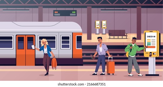People pay of station. Tickets contactless purchase, metro or train self ordering terminal, public electronic payment points, self-service atm, using touchscreen tidy vector concept