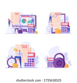 People pay taxes with calculator. Financial administration service. Set of financial management, debt, duty, audit and accounting. Vector illustration in flat design for UI, banner, mobile app