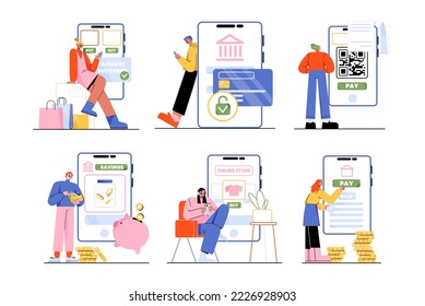 La gente paga, transfiere dinero, ahorra con el teléfono móvil. Concepto de servicio de banco digital, pago en línea con personas con smartphone con tarjeta de crédito y código de barras QR en pantalla, ilustración vectorial