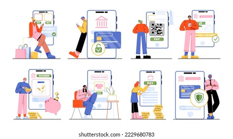 People pay, transfer money, make savings with mobile phone. Concept of digital bank service, online payment with persons with smartphone with credit card and QR bar code on screen, vector illustration