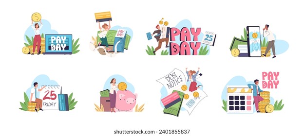 People payday. Paycheck happy event or salary payout concept, employee payroll budgeting payment date on calendar debt repayment payer with money pay tax classy vector illustration of salary paycheck