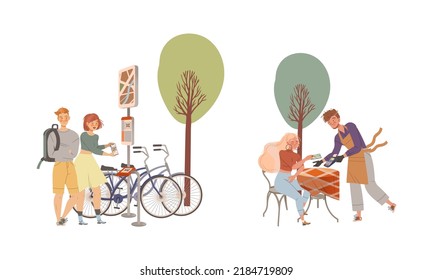 People paying by app on smartphone set. People using phone for scan qr code for renting bikes and buying at cafe vector illustration