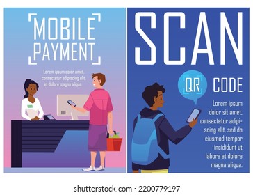 People Paying By The Phone And Scanning QR Code, Poster Template Flat Vector Illustration. Set Of Banners With Man In Supermarket Pays Careless By Phone And Scans QR Code. Modern Technologies.