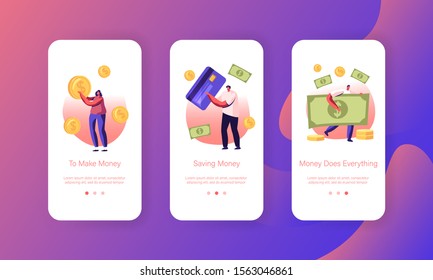 People Paying with Cash and Credit Cards Mobile App Page Onboard Screen Set. Characters Use Live Money and Banking Transactions for Pay Concept for Website or Web Page. Flat Vector Illustration