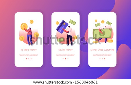 People Paying with Cash and Credit Cards Mobile App Page Onboard Screen Set. Characters Use Live Money and Banking Transactions for Pay Concept for Website or Web Page. Flat Vector Illustration