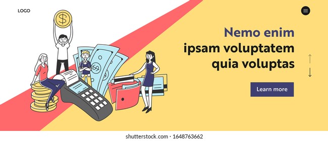 People paying for purchase by cash or credit cards. Money, wallet, receipt, POS terminal flat vector illustration. Payment, transaction, finance concept for banner, website design or landing web page