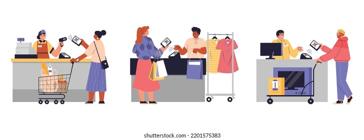 People paying with QR code in supermarket, clothing store and hardware store. Set of flat vector illustrations isolated on white background. Characters paying with mobile phone.