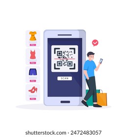 Personas pagando con código QR en supermercado, tienda de ropa y ferretería.