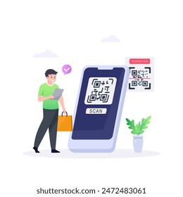 People paying with QR code in supermarket, clothing store and hardware store.