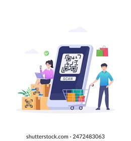 Menschen zahlen mit QR-Code im Supermarkt, Bekleidungsgeschäft und Baumarkt.